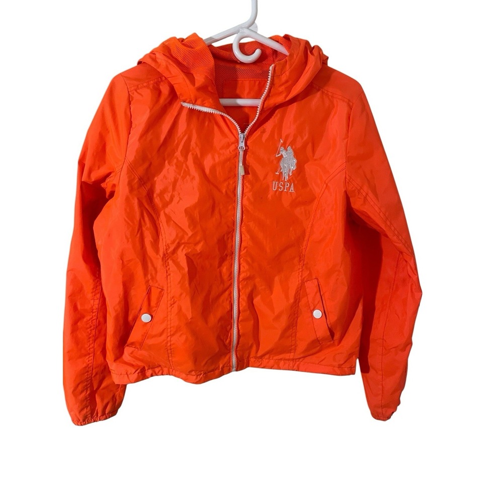 U. S. Polo Assn Orange Kids Full Zip Hooded Rain Jacket, Size XL Preppy Y2K